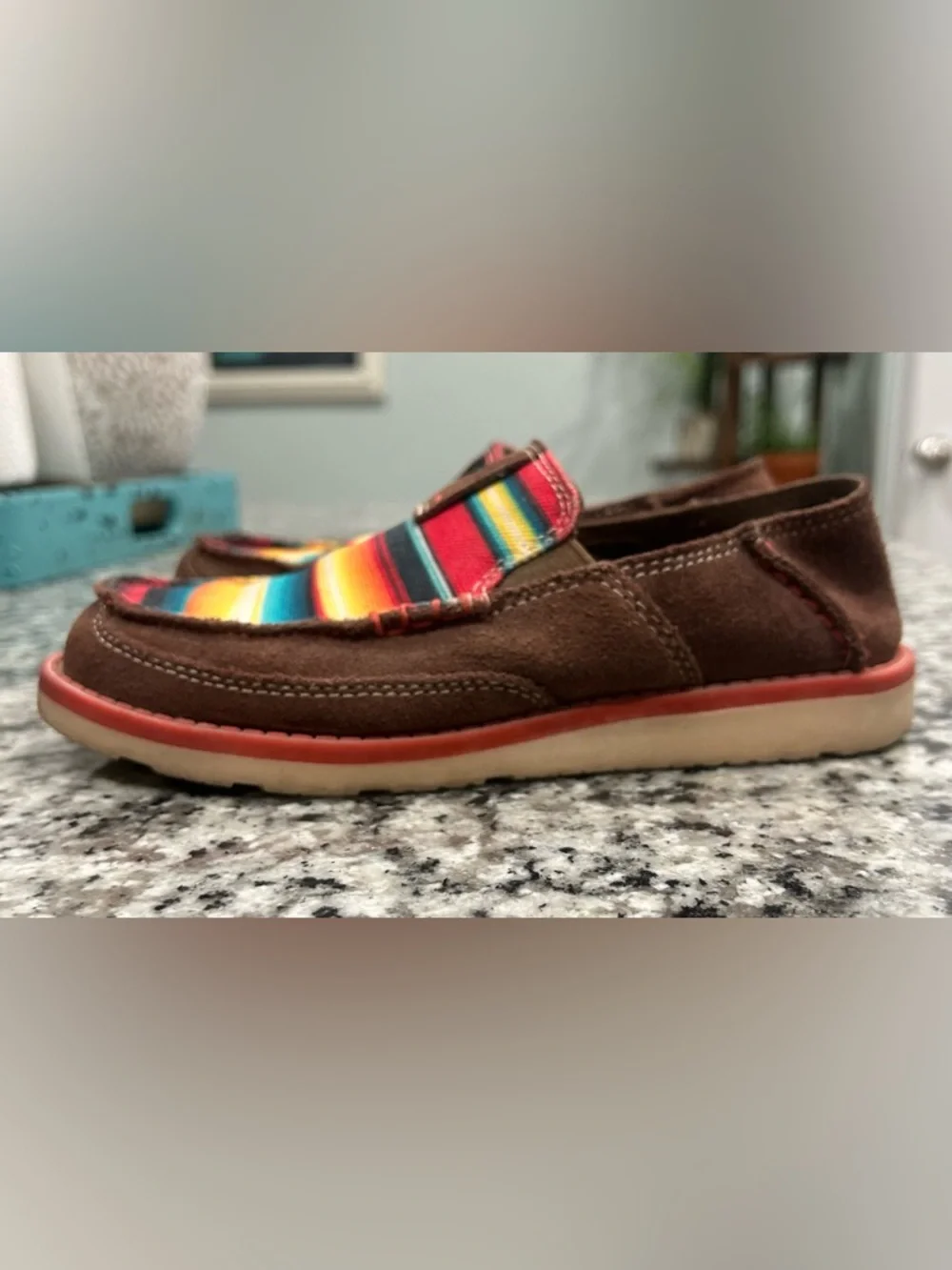 ARIAT Kids Cruiser Slip-on Shoes with Colorful Serape Stripe - Brown. Size 1